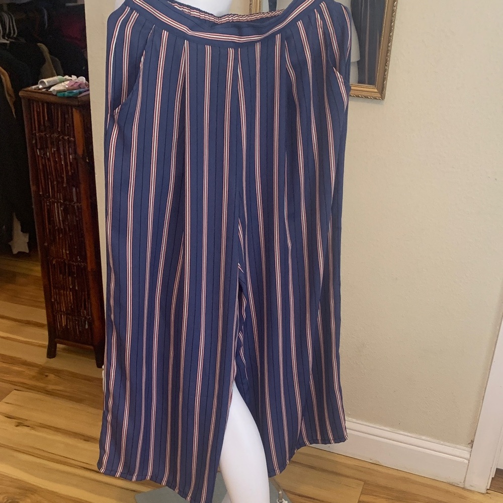 Band of Gypsies Navy and Coral Striped Midi Skirt